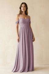 A-Line Off-the-Shoulder Pleated Chiffon Bridesmaid Dress in Dusk - KissProm BRIDESMAID DRESSES