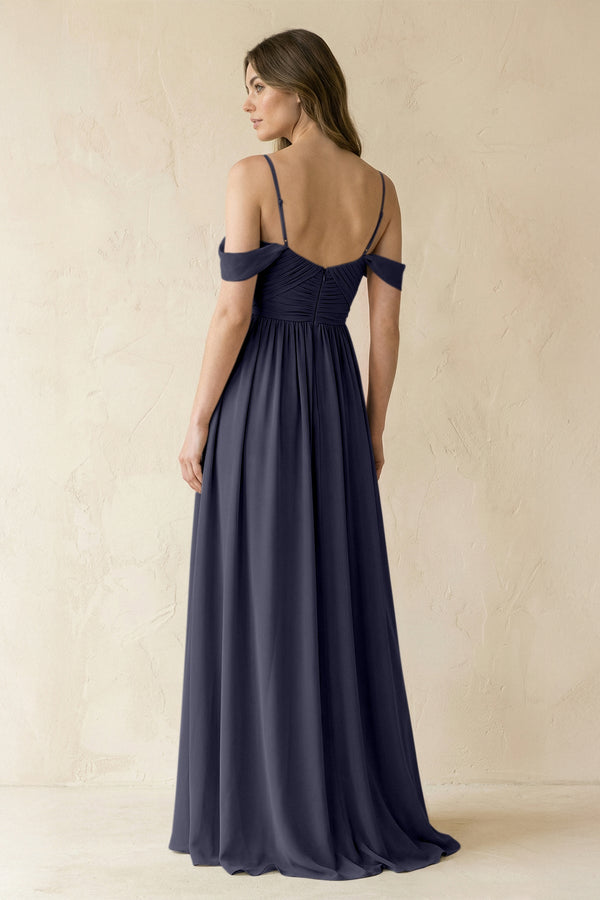 A-Line Off-the-Shoulder Pleated Chiffon Bridesmaid Dress in Dusk Blue - KissProm BRIDESMAID DRESSES
