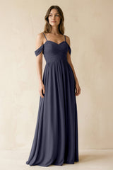 A-Line Off-the-Shoulder Pleated Chiffon Bridesmaid Dress in Dusk Blue - KissProm BRIDESMAID DRESSES