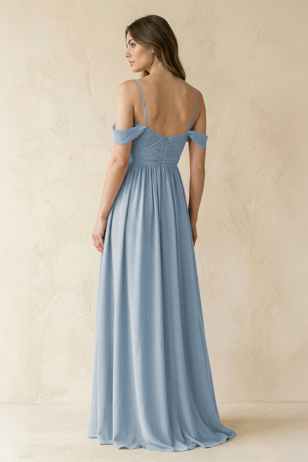A-Line Off-the-Shoulder Pleated Chiffon Bridesmaid Dress in Dusty Blue - KissProm BRIDESMAID DRESSES