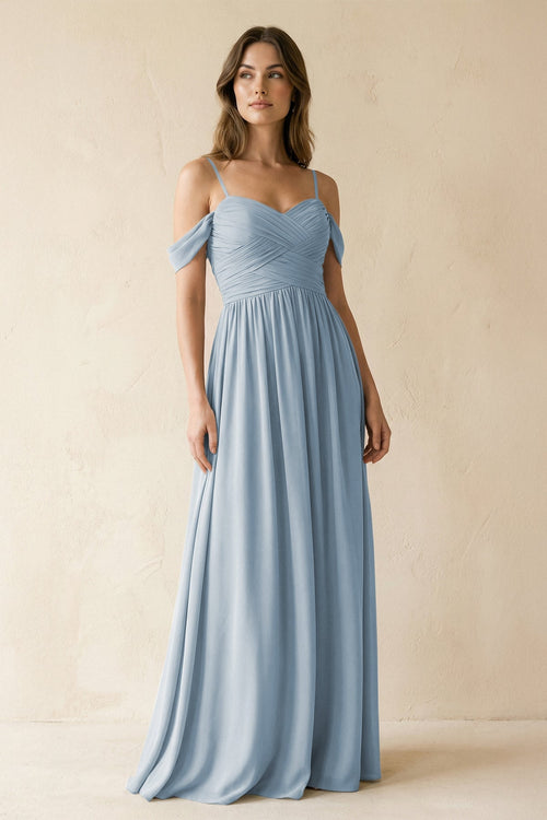 A-Line Off-the-Shoulder Pleated Chiffon Bridesmaid Dress in Dusty Blue - KissProm BRIDESMAID DRESSES