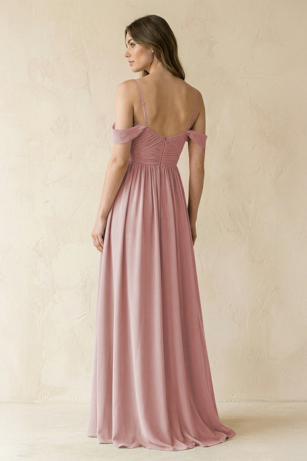 A-Line Off-the-Shoulder Pleated Chiffon Bridesmaid Dress in Dusty Rose - KissProm BRIDESMAID DRESSES