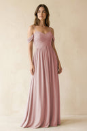 A-Line Off-the-Shoulder Pleated Chiffon Bridesmaid Dress in Dusty Rose - KissProm BRIDESMAID DRESSES