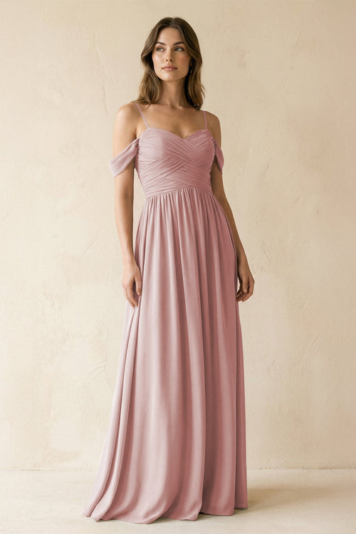 A-Line Off-the-Shoulder Pleated Chiffon Bridesmaid Dress in Dusty Rose - KissProm BRIDESMAID DRESSES