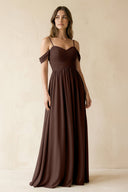 A-Line Off-the-Shoulder Pleated Chiffon Bridesmaid Dress in Espresso - KissProm BRIDESMAID DRESSES