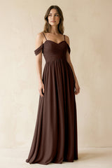 A-Line Off-the-Shoulder Pleated Chiffon Bridesmaid Dress in Espresso - KissProm BRIDESMAID DRESSES