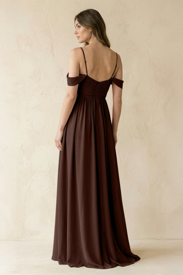 A-Line Off-the-Shoulder Pleated Chiffon Bridesmaid Dress in Espresso - KissProm BRIDESMAID DRESSES