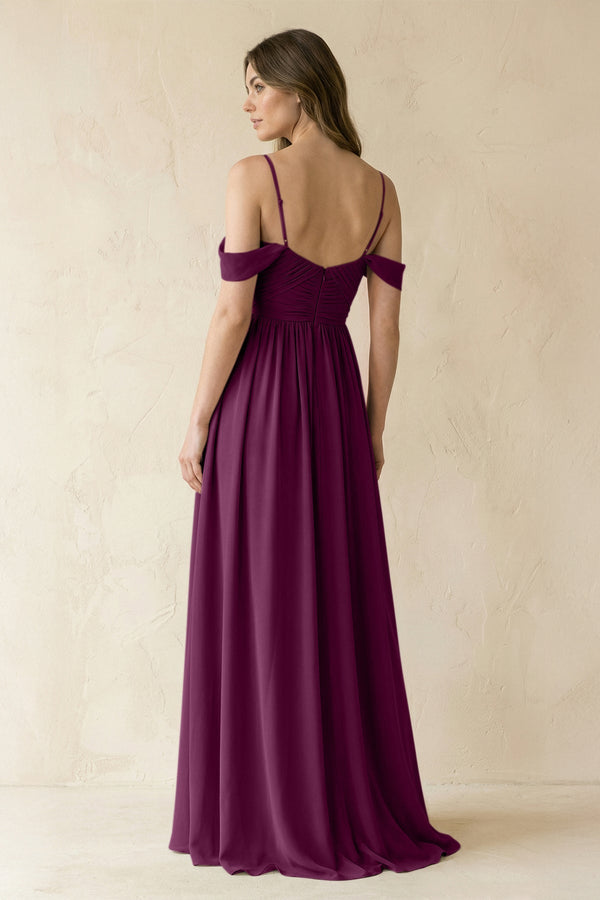 A-Line Off-the-Shoulder Pleated Chiffon Bridesmaid Dress in Fig - KissProm BRIDESMAID DRESSES