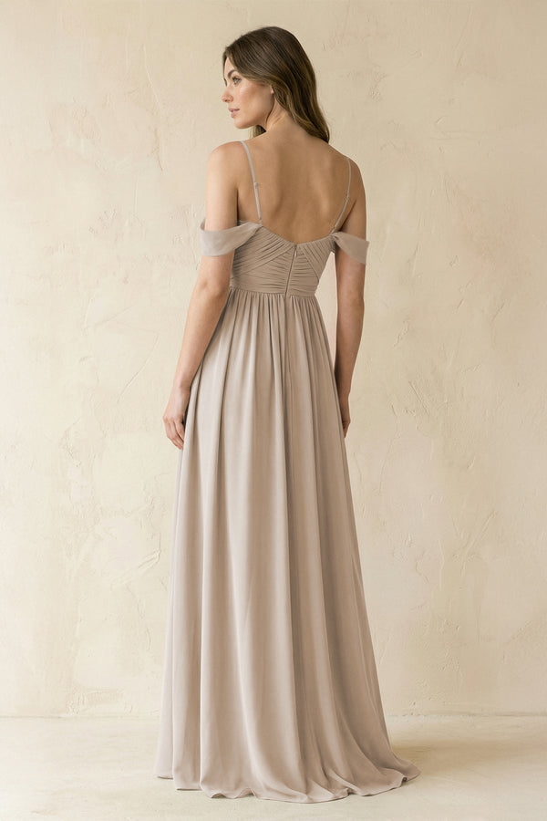 A-Line Off-the-Shoulder Pleated Chiffon Bridesmaid Dress in Frost - KissProm BRIDESMAID DRESSES