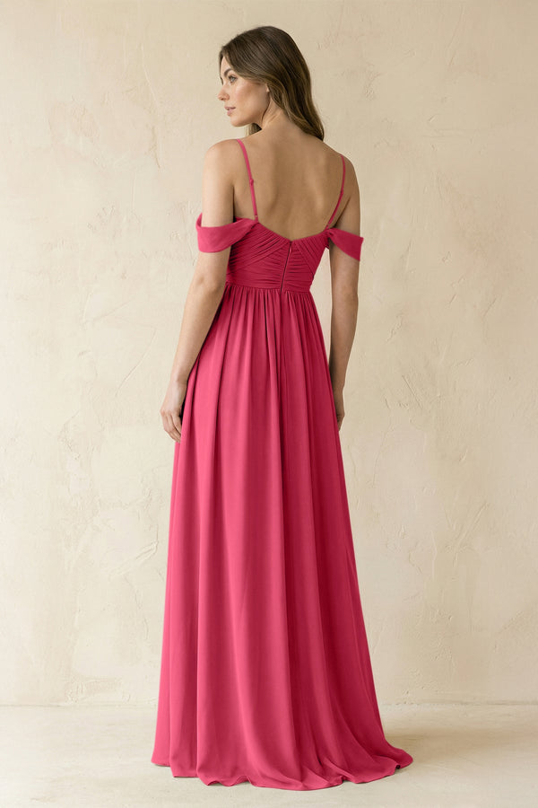 A-Line Off-the-Shoulder Pleated Chiffon Bridesmaid Dress in Fuchsia - KissProm BRIDESMAID DRESSES