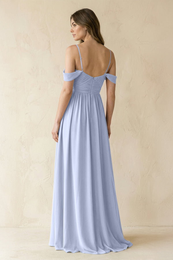 A-Line Off-the-Shoulder Pleated Chiffon Bridesmaid Dress in Ice - KissProm BRIDESMAID DRESSES