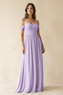 A-Line Off-the-Shoulder Pleated Chiffon Bridesmaid Dress in Lavender - KissProm BRIDESMAID DRESSES