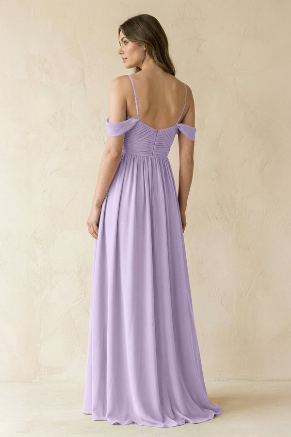 A-Line Off-the-Shoulder Pleated Chiffon Bridesmaid Dress in Lavender - KissProm BRIDESMAID DRESSES