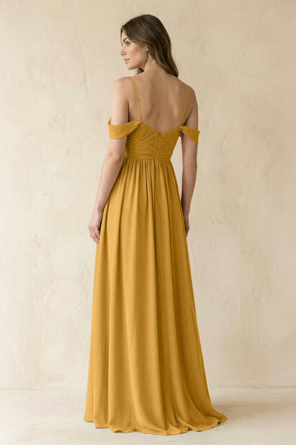 A-Line Off-the-Shoulder Pleated Chiffon Bridesmaid Dress in Marigold - KissProm BRIDESMAID DRESSES