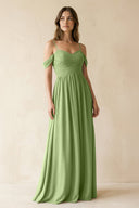 A-Line Off-the-Shoulder Pleated Chiffon Bridesmaid Dress in Matcha - KissProm BRIDESMAID DRESSES