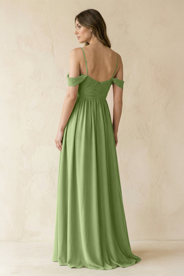 A-Line Off-the-Shoulder Pleated Chiffon Bridesmaid Dress in Matcha - KissProm BRIDESMAID DRESSES
