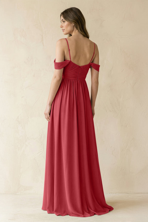 A-Line Off-the-Shoulder Pleated Chiffon Bridesmaid Dress in Merlot - KissProm BRIDESMAID DRESSES