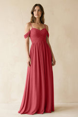 A-Line Off-the-Shoulder Pleated Chiffon Bridesmaid Dress in Merlot - KissProm BRIDESMAID DRESSES