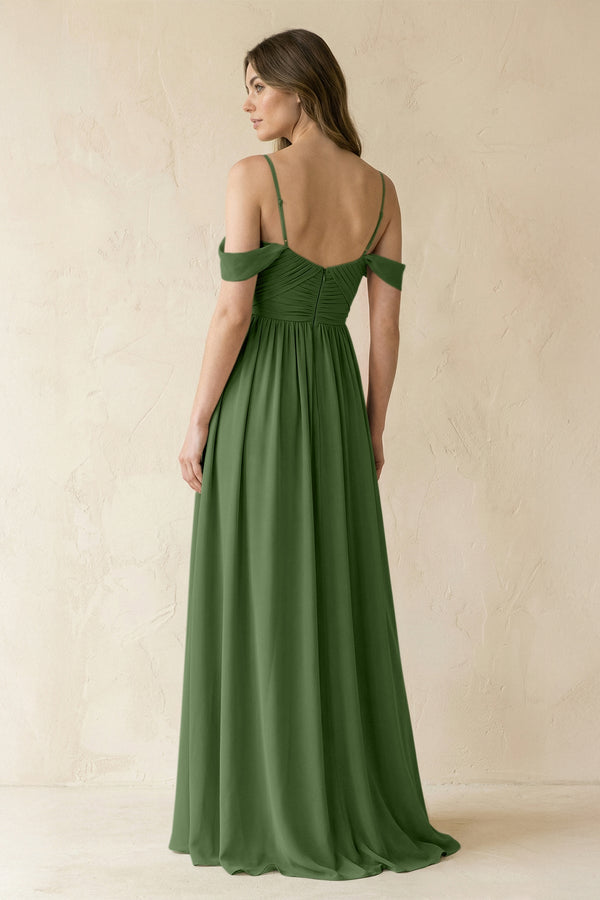 A-Line Off-the-Shoulder Pleated Chiffon Bridesmaid Dress in Moss - KissProm BRIDESMAID DRESSES