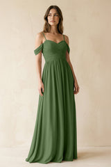 A-Line Off-the-Shoulder Pleated Chiffon Bridesmaid Dress in Moss - KissProm BRIDESMAID DRESSES