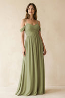 A-Line Off-the-Shoulder Pleated Chiffon Bridesmaid Dress in Moss Green - KissProm BRIDESMAID DRESSES