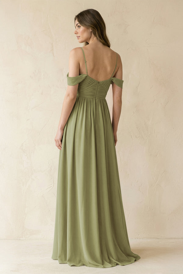 A-Line Off-the-Shoulder Pleated Chiffon Bridesmaid Dress in Moss Green - KissProm BRIDESMAID DRESSES