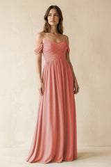 A-Line Off-the-Shoulder Pleated Chiffon Bridesmaid Dress in Mulberry - KissProm BRIDESMAID DRESSES