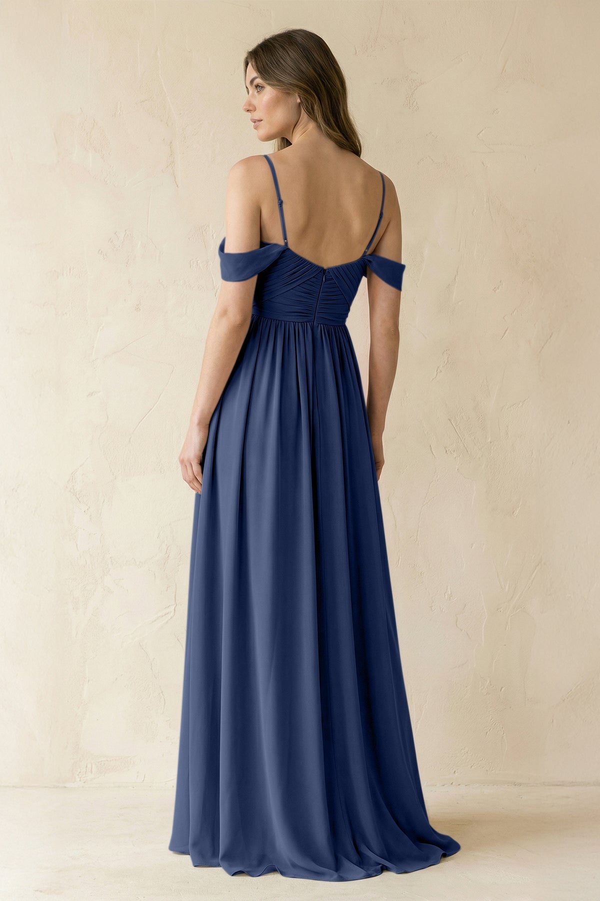KissProm A-Line Off-the-Shoulder Pleated Chiffon Bridesmaid Dress in Navy, Navy / 16