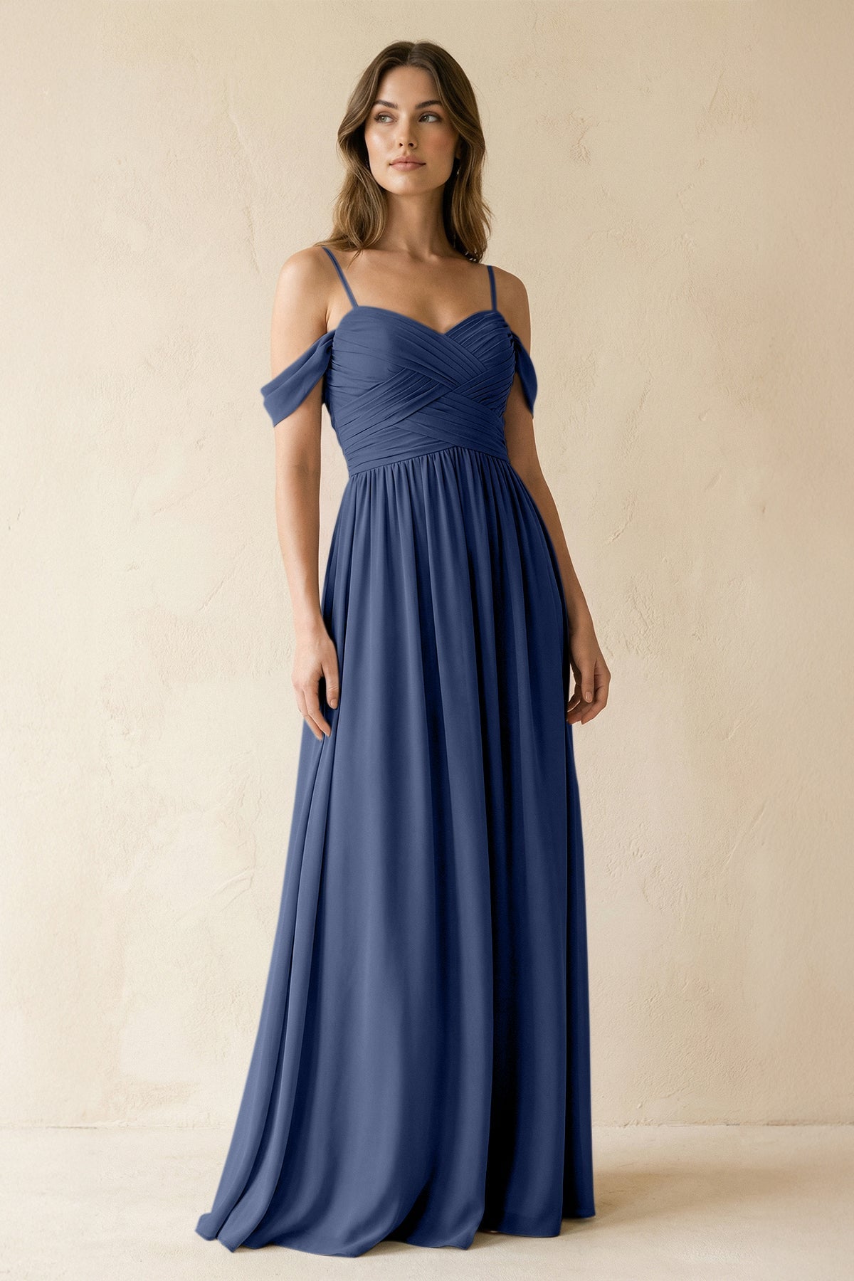 KissProm A-Line Off-the-Shoulder Pleated Chiffon Bridesmaid Dress in Navy, Navy / 16