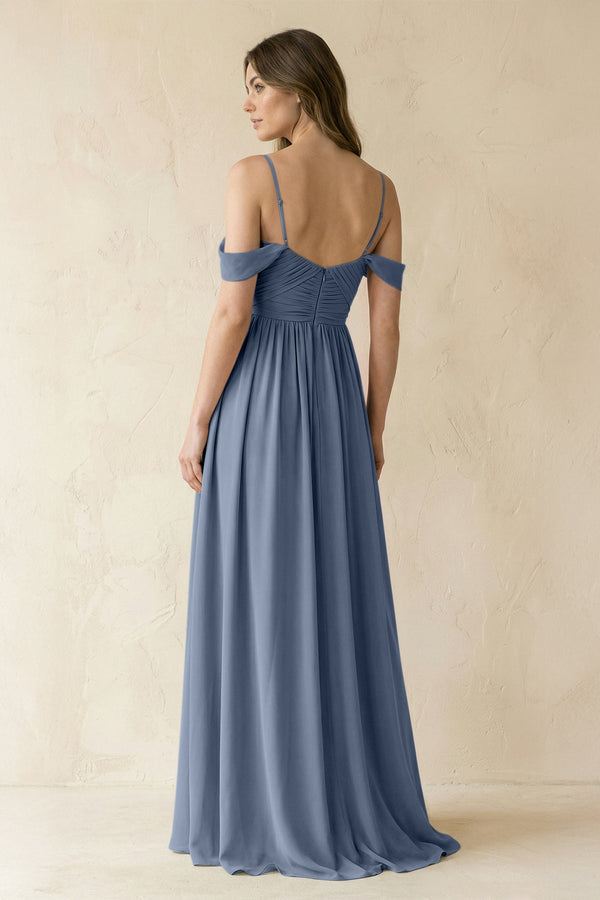 A-Line Off-the-Shoulder Pleated Chiffon Bridesmaid Dress in Neptune - KissProm BRIDESMAID DRESSES
