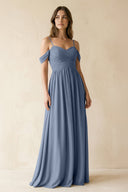 A-Line Off-the-Shoulder Pleated Chiffon Bridesmaid Dress in Neptune - KissProm BRIDESMAID DRESSES