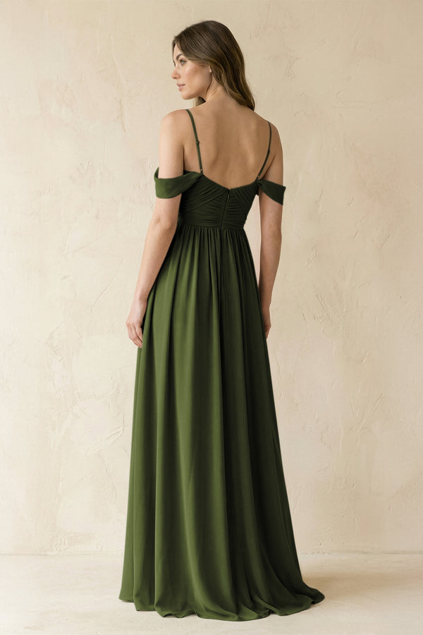 A - Line Off - the - Shoulder Pleated Chiffon Bridesmaid Dress in Olive - KissProm Bridesmaid Dresses
