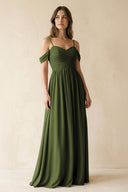 A - Line Off - the - Shoulder Pleated Chiffon Bridesmaid Dress in Olive - KissProm Bridesmaid Dresses