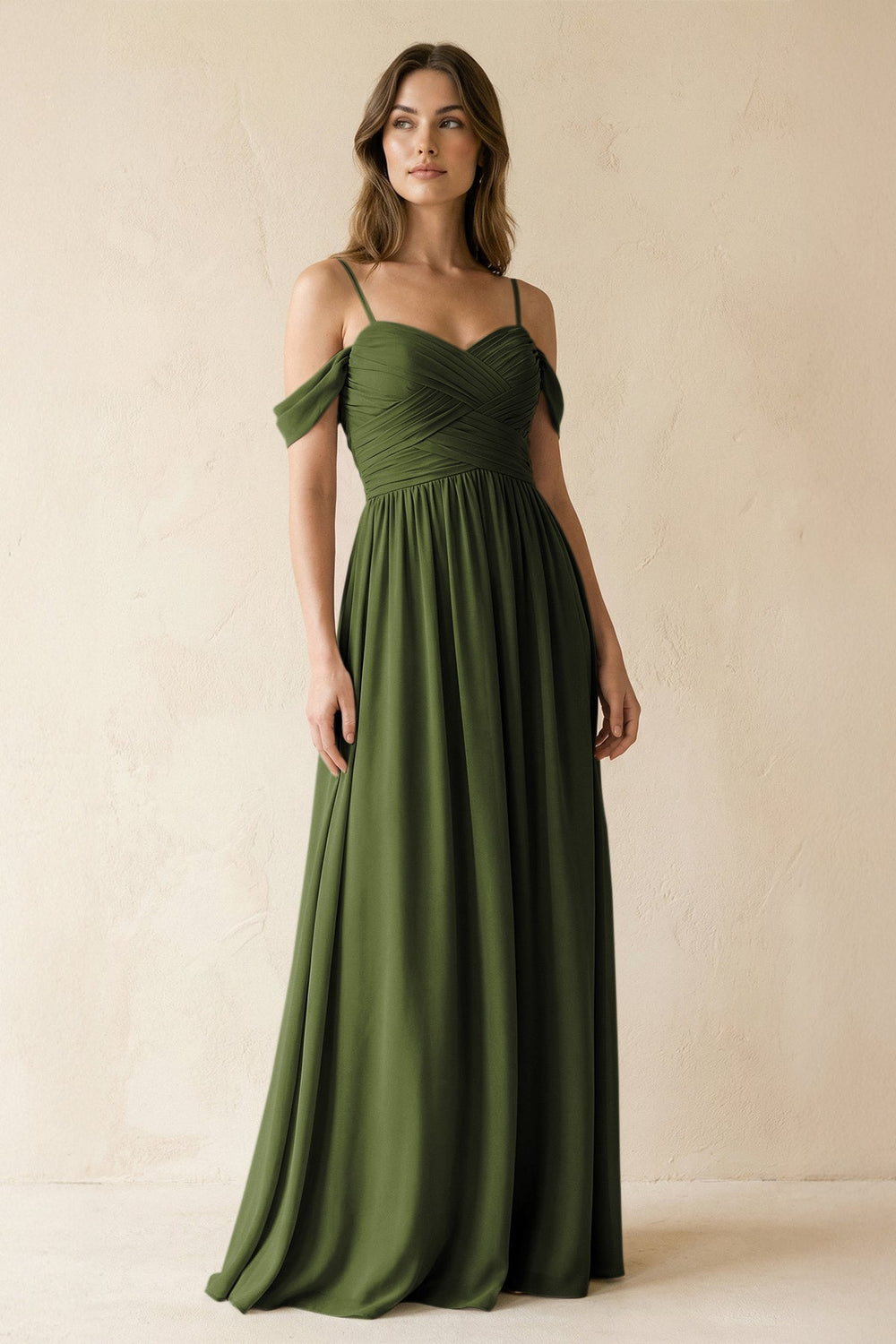 A - Line Off - the - Shoulder Pleated Chiffon Bridesmaid Dress in Olive - KissProm Bridesmaid Dresses