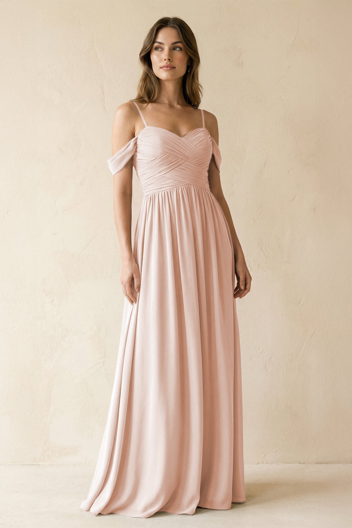 KissProm A-Line Off-the-Shoulder Pleated Chiffon Bridesmaid Dress in Pale Blush, Pale Blush / 14