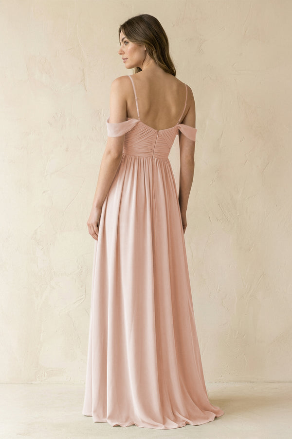 A-Line Off-the-Shoulder Pleated Chiffon Bridesmaid Dress in Pale Blush - KissProm BRIDESMAID DRESSES