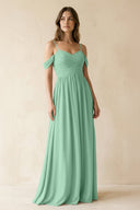 A - Line Off - the - Shoulder Pleated Chiffon Bridesmaid Dress in Pale Pistachio - KissProm Bridesmaid Dresses