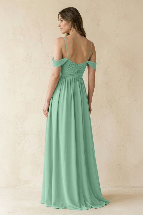 A - Line Off - the - Shoulder Pleated Chiffon Bridesmaid Dress in Pale Pistachio - KissProm Bridesmaid Dresses