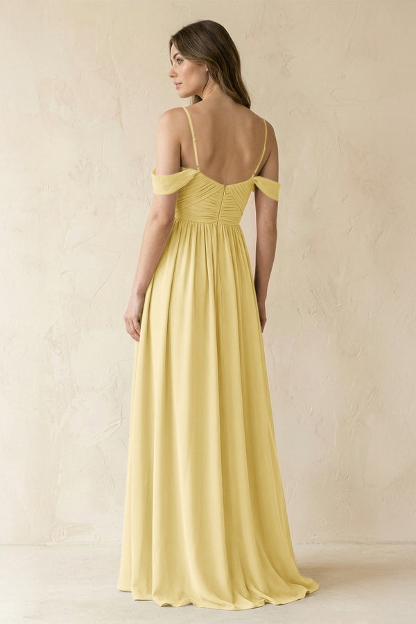 A-Line Off-the-Shoulder Pleated Chiffon Bridesmaid Dress in Pastel Yellow - KissProm BRIDESMAID DRESSES