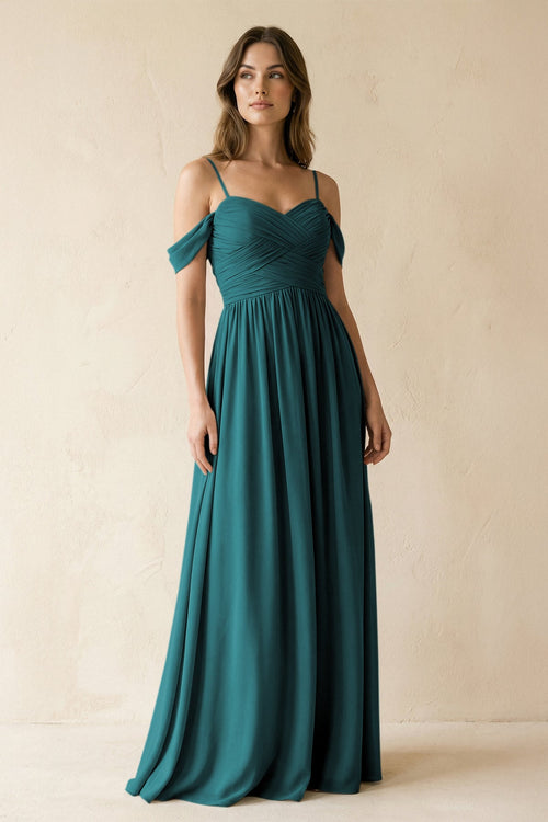 A-Line Off-the-Shoulder Pleated Chiffon Bridesmaid Dress in Pine - KissProm BRIDESMAID DRESSES