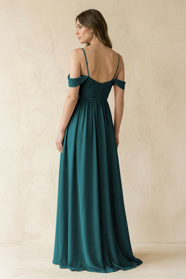 A-Line Off-the-Shoulder Pleated Chiffon Bridesmaid Dress in Pine - KissProm BRIDESMAID DRESSES