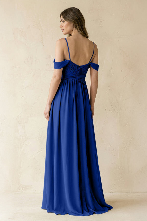 A-Line Off-the-Shoulder Pleated Chiffon Bridesmaid Dress in Royal Blue - KissProm BRIDESMAID DRESSES