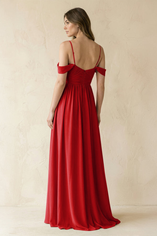 A-Line Off-the-Shoulder Pleated Chiffon Bridesmaid Dress in Ruby Red - KissProm BRIDESMAID DRESSES