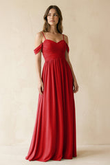 A-Line Off-the-Shoulder Pleated Chiffon Bridesmaid Dress in Ruby Red - KissProm BRIDESMAID DRESSES