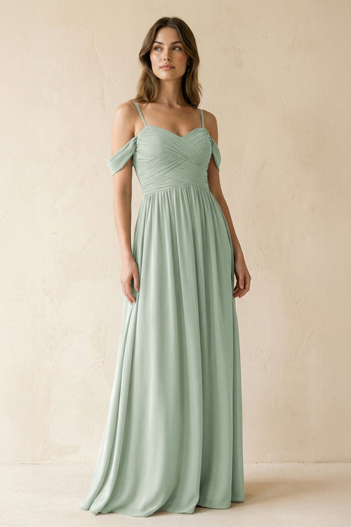 Off - the - Shoulder Pleated A - Line Chiffon Bridesmaid Dress in Sage - KissProm Bridesmaid Dresses