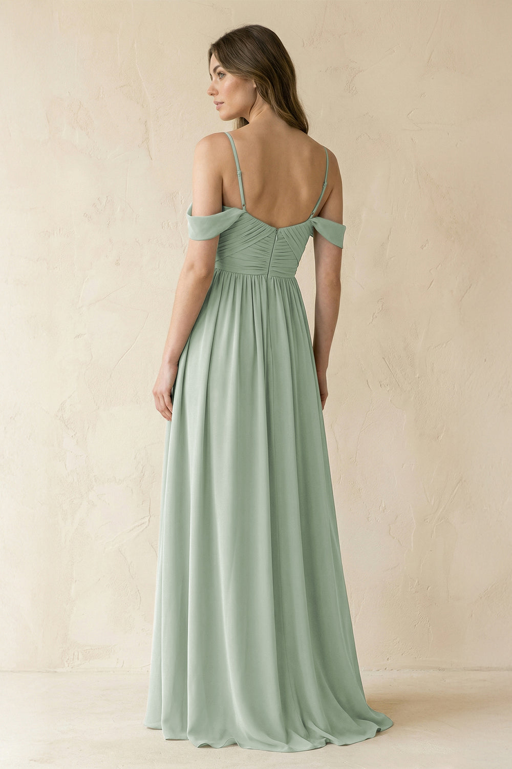 Off - the - Shoulder Pleated A - Line Chiffon Bridesmaid Dress in Sage - KissProm Bridesmaid Dresses