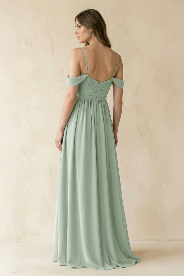 Off - the - Shoulder Pleated A - Line Chiffon Bridesmaid Dress in Sage - KissProm Bridesmaid Dresses