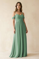 A-Line Off-the-Shoulder Pleated Chiffon Bridesmaid Dress in Sea Glass - KissProm BRIDESMAID DRESSES