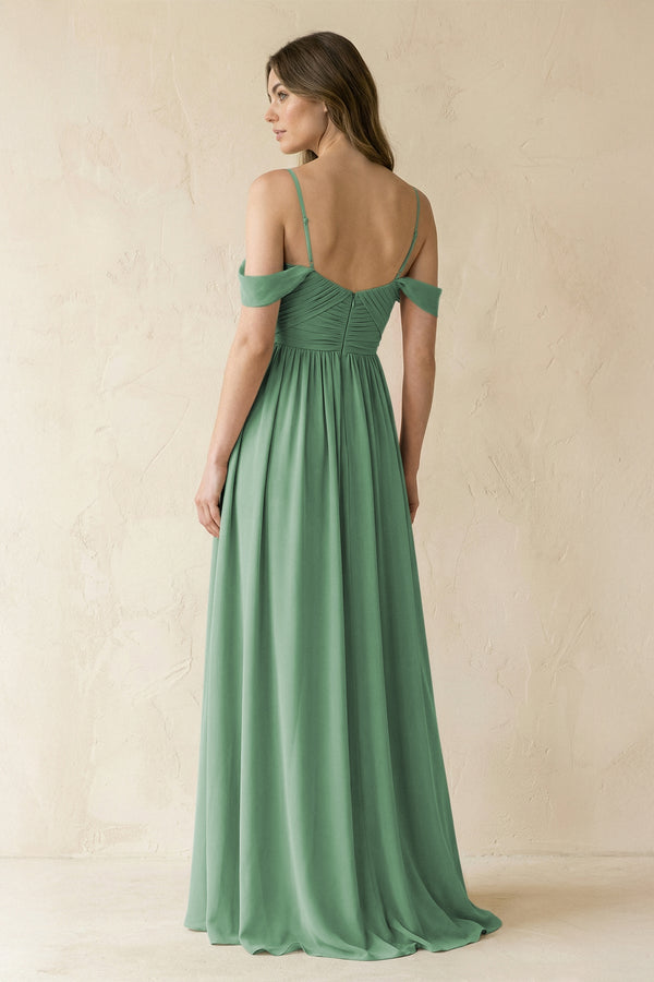 A-Line Off-the-Shoulder Pleated Chiffon Bridesmaid Dress in Sea Glass - KissProm BRIDESMAID DRESSES