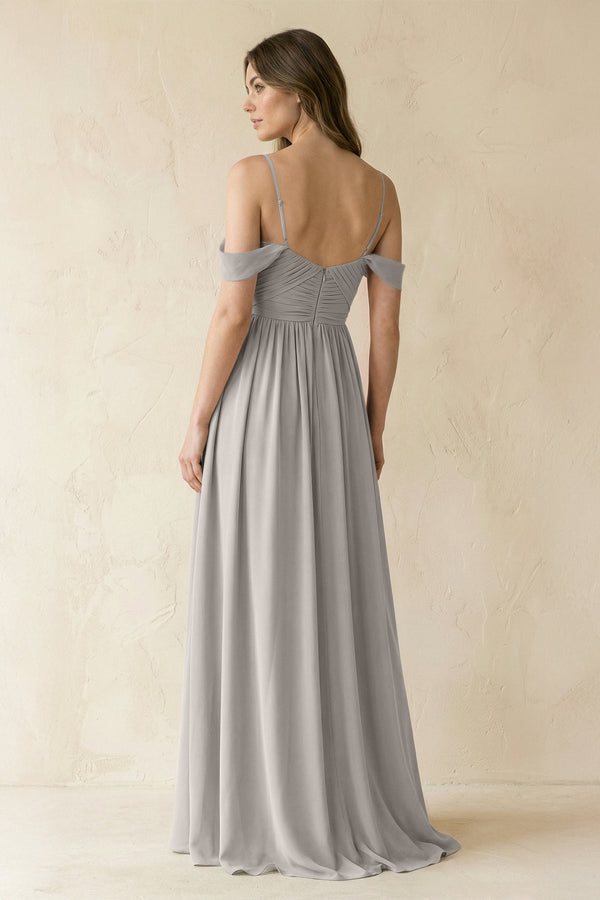 A-Line Off-the-Shoulder Pleated Chiffon Bridesmaid Dress in Silver - KissProm BRIDESMAID DRESSES